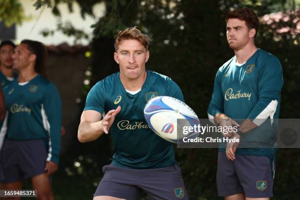 Tate McDermott during a Wallabies training session ahead of the Rugby World Cup France 2023, on September 04, 2023 in Saint-Etienne, France.