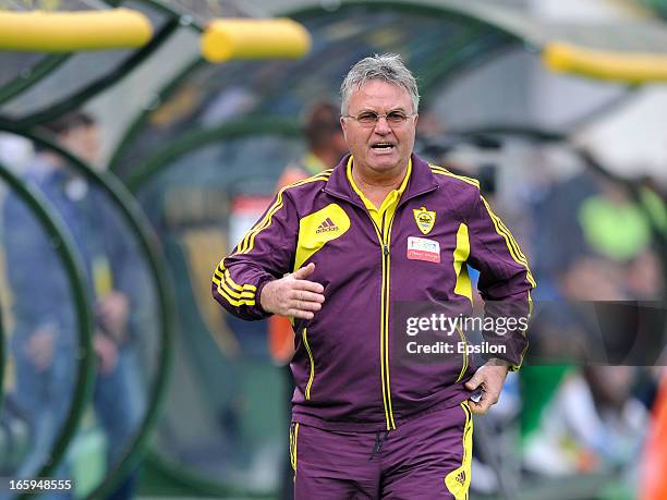 Head coach Guus Hiddink of FC Anzhi Makhachkala gestures during the Russian Premier League match between FC Anzhi Makhachkala and FC Alania...