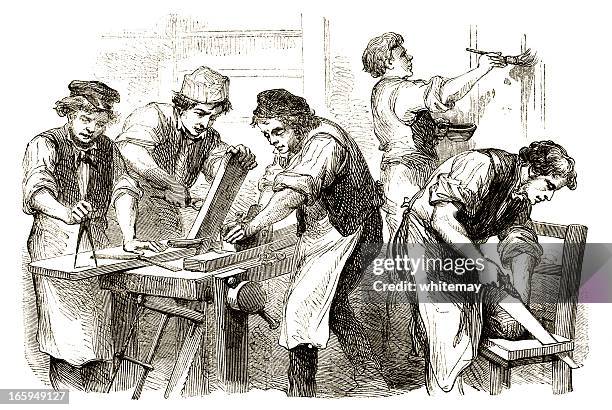 victorian carpenters at work - carpenter stock illustrations