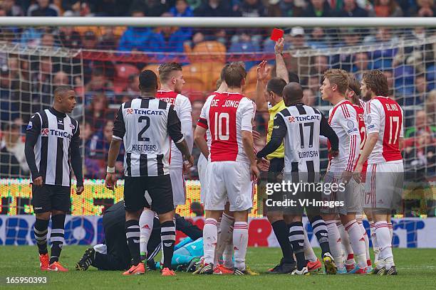 Lerin Duarte of Heracles Almelo, referee Ruud Bossen, Viktor Fischer of Ajax during the Dutch Eredivisie match between Ajax Amsterdam and Heracles...