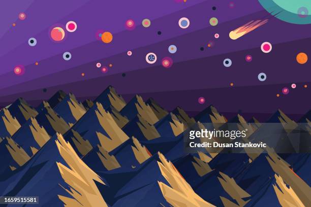 stockillustraties, clipart, cartoons en iconen met what's going on in a galaxy far away - blue mountains