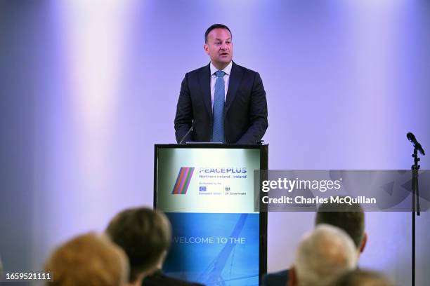 Taoiseach Leo Varadkar speaks to invited guests at the announcement of a new 1.14 billion euro PeacePlus funding plan to build reconciliation and...