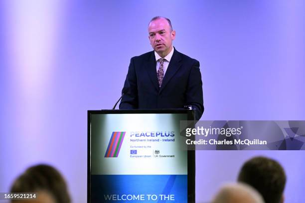 Northern Ireland Secretary Chris Heaton-Harris speaks to invited guests at the announcement of a new 1.14 billion euro PeacePlus funding plan to...