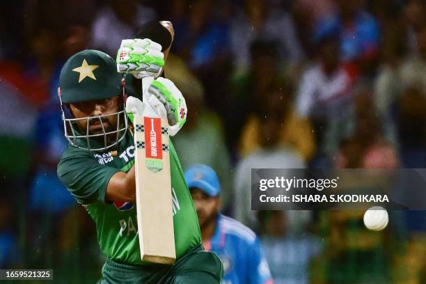 Pakistan's captain Babar Azam plays a shot during the Asia Cup 2023 super four one-day international cricket match between India and Pakistan at the...