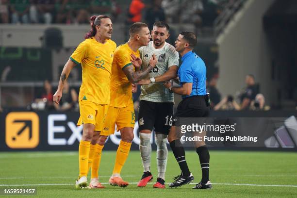 September 9 Arlington, Texas, United States: Mitchell Duke of Australia argues with the referee Rubiel Vasquez during the international soccer game...