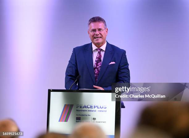 European Commission vice-president Maros Sefcovic speaks to invited guests at the announcement of a new 1.14 billion euro PeacePlus funding plan to...