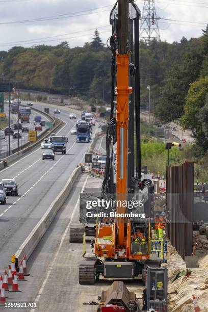 Roadworks on the A3 trunk road near to the National Highways project to improve the Wisely interchange at junction 10 on the M25 motorway in Wisley,...