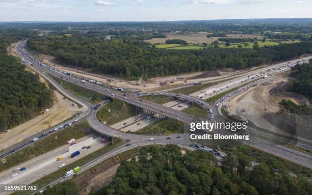 Roadworks at the National Highways project to improve the Wisely interchange at junction 10 on the M25 motorway in Wisley, UK, on Monday, Sept. 11,...