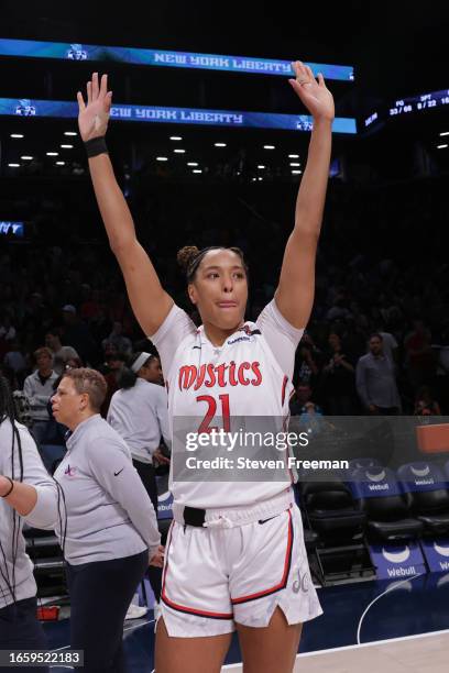 Tianna Hawkins of the Washington Mystics celebrates after the game against the New York Liberty on September 10, 2023 in Brooklyn, New York. NOTE TO...