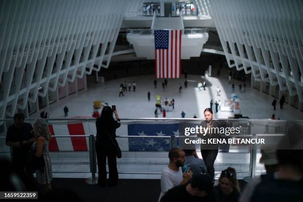 An American flag decorates the Oculus at the National September 11 Memorial as New York marks the 22nd anniversary of the 9/11 terror attack at the...