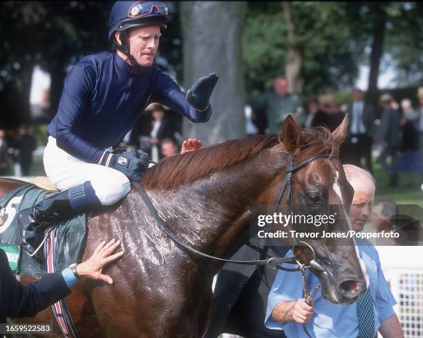 Irish Jockey Mick Kinane riding Giant's Causeway after winning the Juddmonte International Stakes at York, 22nd August 2000.