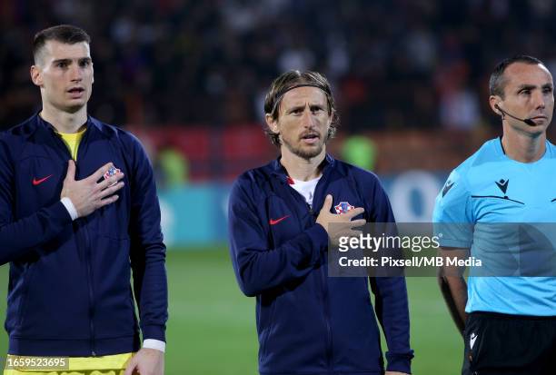Croatia Goalkeeper Dominik Livakovic and Luka Modric of Croatia line up for the national anthem during the UEFA EURO 2024 European qualifier match...