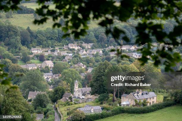 An aerial view of the Cotswolds village of Sheepscombe, on 7th September 2023, near Stroud, England. The Sheepscombe Valley was once part of a Royal...