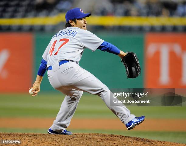 Hisanori Takahashi of the Chicago Cubs pitches against the Pittsburgh Pirates on April 3, 2013 at PNC Park in Pittsburgh, Pennsylvania.