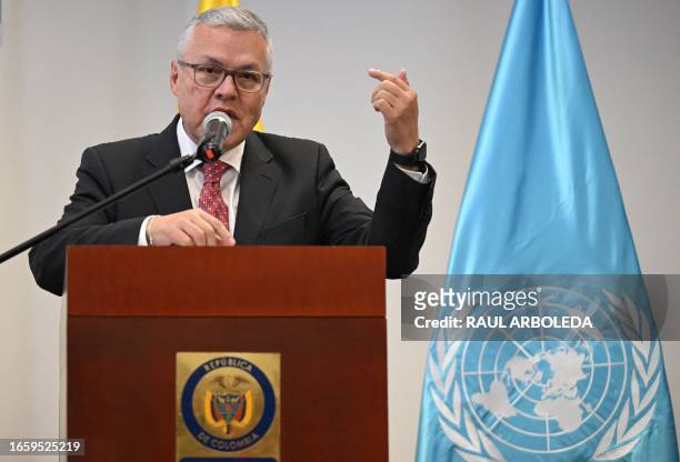 Colombian Justice Minister, Nestor Osuna, speaks during the presentation of the annual report on the monitoring of territories affected by illicit...