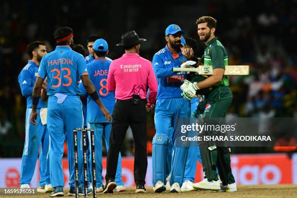 Indian players celebrates celebrate their victory at the end of the Asia Cup 2023 super four one-day international cricket match between India and...