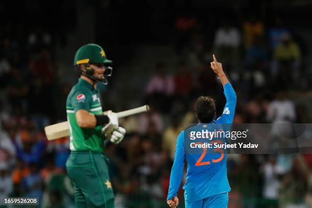 Kuldeep Yadav of India celebrates after taking the wicket of Faheem Ashraf of Pakistan during the Asia Cup Super Four match between India and...
