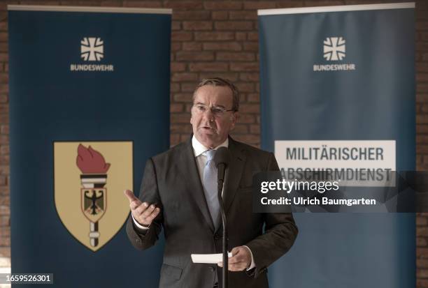 Federal Defense Minister Boris Pistorius makes a press statement as he visits the Federal Office for the Military Counterintelligence Service on...