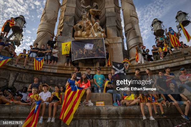 People gather in Plaza de Espana square during demonstrations on September 11, 2023 in Barcelona, Spain. The Catalan National Day, also known as...