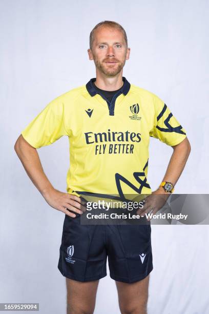 Referee Wayne Barnes poses for a portrait during the Match Officials Photocall on September 02, 2023 in Paris, France.