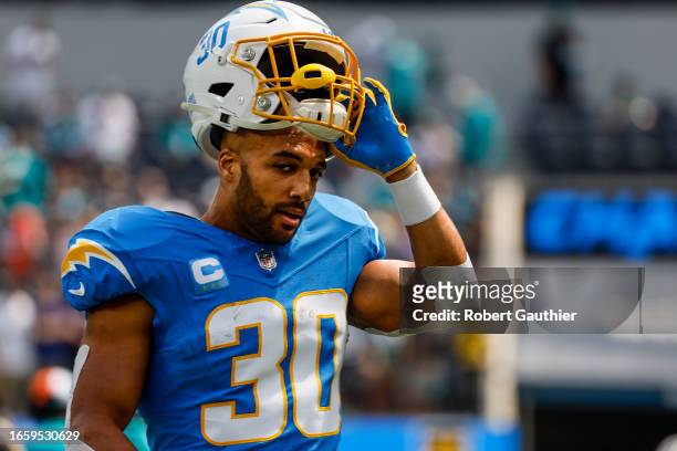 Inglewood, CA, Sunday, Sept. 10, 2023 - Los Angeles Chargers running back Austin Ekeler on the sideline before a game against the Miami Dolphins at...
