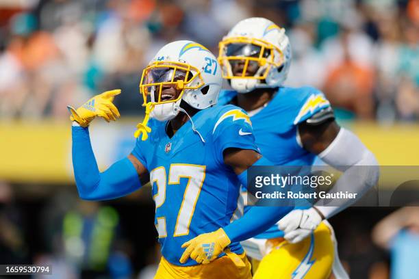 Inglewood, CA, Sunday, Sept. 10, 2023 - Los Angeles Chargers cornerback J.C. Jackson celebrates after intercepting a pass from Miami Dolphins...