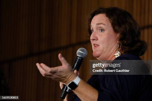 Monterey Park, CA, Friday, September 8, 2023 - Rep. Katie Porter speaks at a town hall hosted by the advocacy group March For Our Lives at East LA...