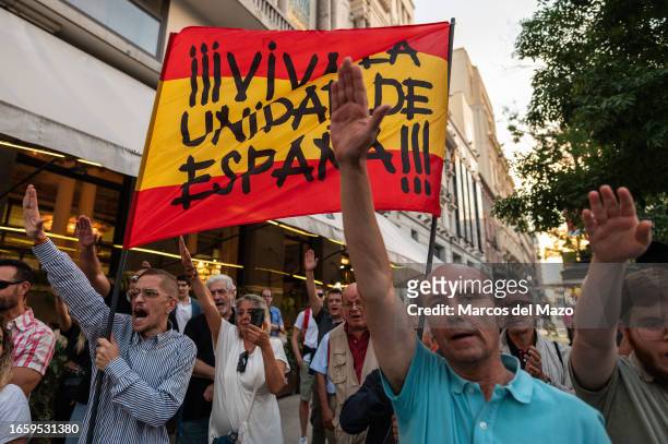 Protesters raising their hands making a Nazi salute while carrying a Spanish flag with the words "Long live the unity of Spain" are seen during a...