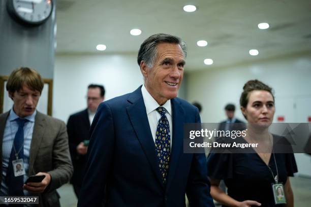 Sen. Mitt Romney walks through the Senate subway at the U.S. Capitol on September 11, 2023 in Washington, DC. The House of Representatives is...