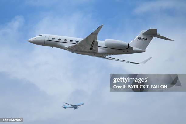 Gulfstream G650 private jet takes off from Los Angeles International Airport as seen from El Segundo, California, on September 11, 2023.