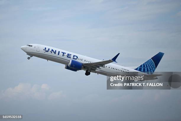 United Airlines Boeing 737 MAX 9 airplane takes off from Los Angeles International Airport as seen from El Segundo, California, on September 11, 2023.