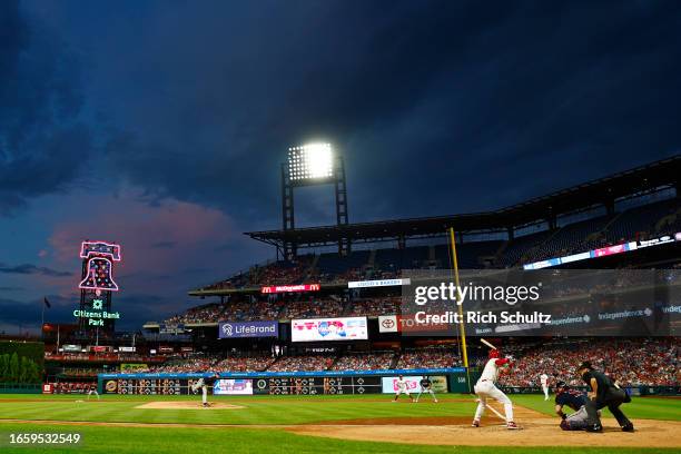 Pitcher Kyle Wright pitches against Trea Turner of the Philadelphia Phillies during the second inning of game two of a doubleheader at Citizens Bank...