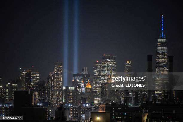 The 'Tribute in Lights' 9/11 memorial light display is seen on the 22nd anniversary of the September 11 terrorist attacks, in New York City on...