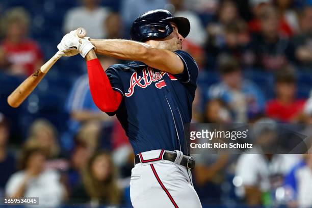 Matt Olson of the Atlanta Braves hits a home run against the Philadelphia Phillies during the sixth of game two of a double header at Citizens Bank...