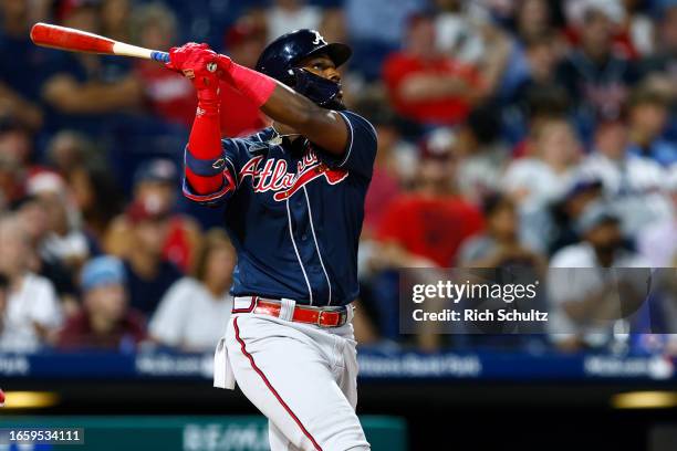 Michael Harris II of the Atlanta Braves hits a home run against the Philadelphia Phillies during the seventh inning of game two of a double header at...