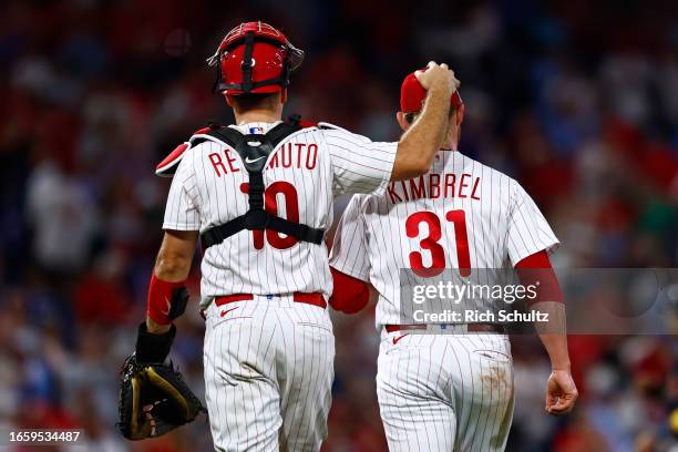 Catcher J.T. Realmuto and closer Craig Kimbrel of the Philadelphia Phillies after defeating the Atlanta Braves 7-5 in game two of a double header at...