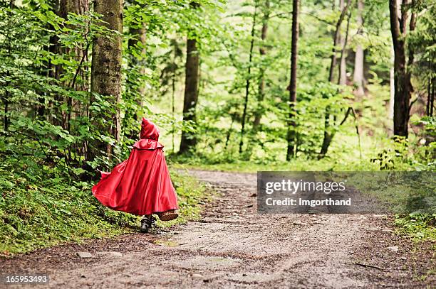 little red riding hood caminhada através da floresta - chapeuzinho vermelho criatura mítica - fotografias e filmes do acervo