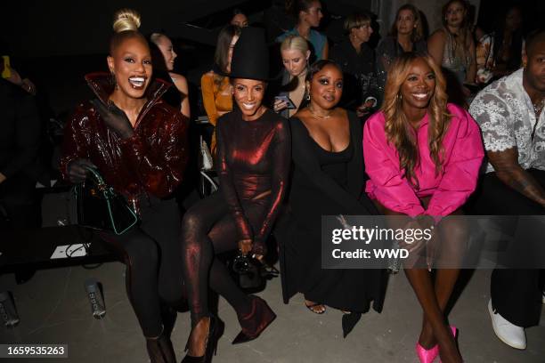 Laverne Cox, June Ambrose, Quinta Brunson, and guest at the LaQuan Smith Spring 2024 Ready To Wear Fashion Show at Skylight at Essex Crossing on...