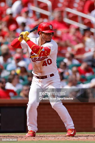 St. Louis Cardinals designated hitter Willson Contreras bats during an MLB game against the San Diego Padres on August 30, 2023 at Busch Stadium in...