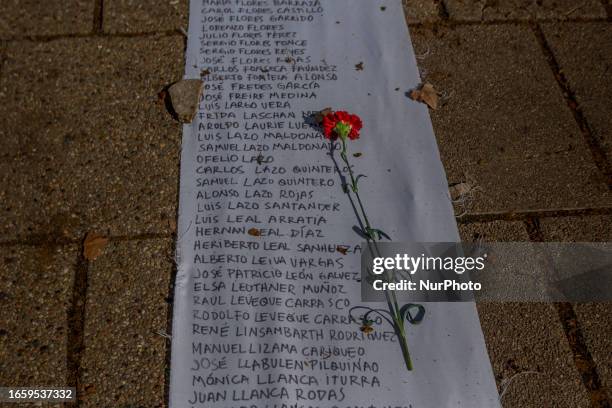 Long list with the names of those executed during the civic-military dictatorship of Augusto Pinochet , leads to the front of a building located at...