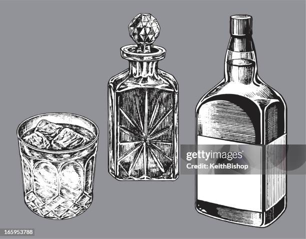 ilustraciones, imágenes clip art, dibujos animados e iconos de stock de botella de whisky, caraf y pestillo de vidrio - alcoholismo