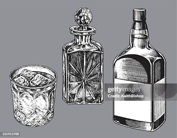 ウィスキーのボトル 1 本、caraf とタンブラーグラス - 酔う点のイラスト素材／クリップアート素材／マンガ素材／アイコン素材
