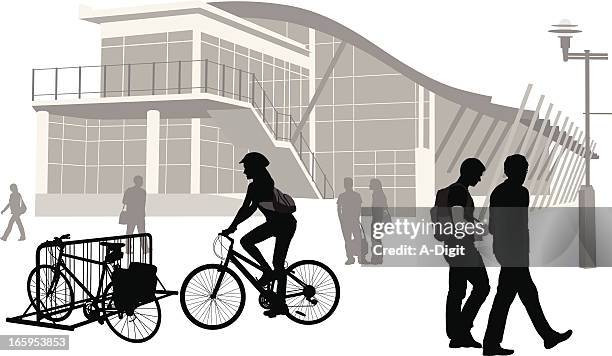 bikes on campus vector silhouette - bike rack stock illustrations