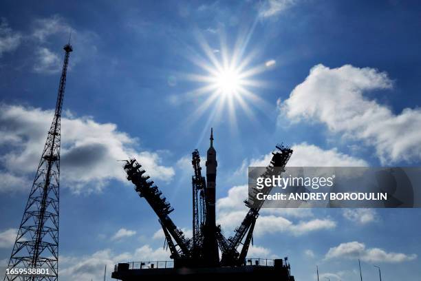 The Soyuz-2.1a rocket booster with the Soyuz MS-24 spacecraft is set at the launch pad at the Russian-leased Baikonur cosmodrome in Kazakhstan on...