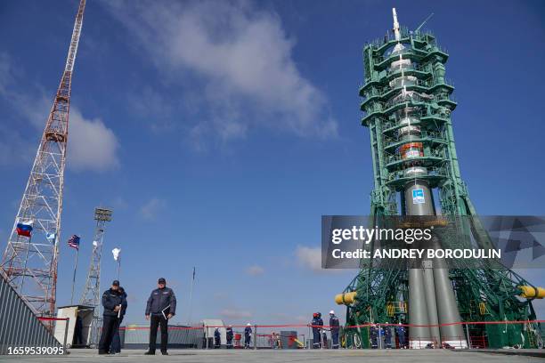 The Soyuz-2.1a rocket booster with the Soyuz MS-24 spacecraft is set at the launch pad at the Russian-leased Baikonur cosmodrome in Kazakhstan on...