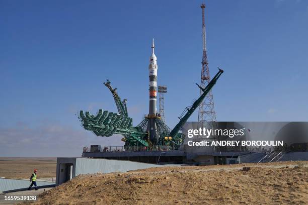 The Soyuz-2.1a rocket booster with the Soyuz MS-24 spacecraft is set at the launch pad at the Russian-leased Baikonur cosmodrome in Kazakhstan on...