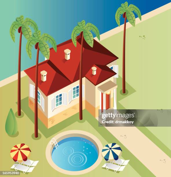 stockillustraties, clipart, cartoons en iconen met illustration of a house from above with palm trees and pool - villa