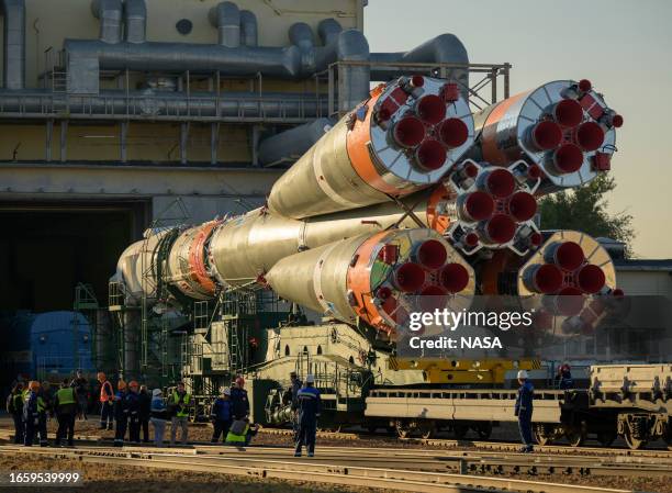 In this handout provided by the U.S. National Aeronautics and Space Administration , the Soyuz rocket is rolled out by train to the launch pad at...