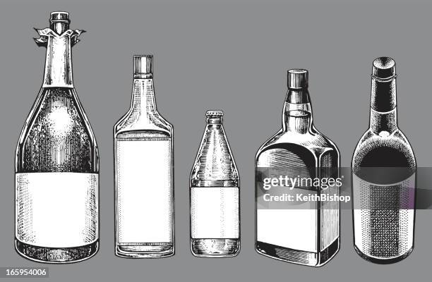 alcohol bottles - champagne, wine, beer, whiskey, gin - drinking problem concept stock illustrations