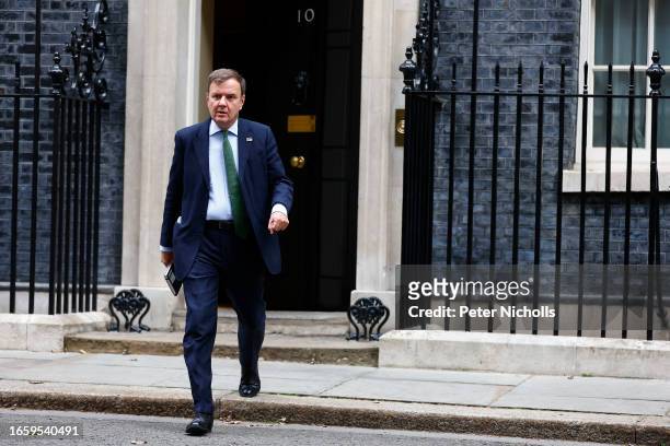 Conservative Party Chairman and Minister without Portfolio in the Cabinet Office Greg Hands leaves after a cabinet meeting at Downing Street on...
